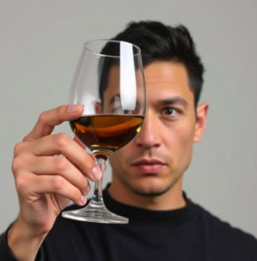 man looking at wine in a glass