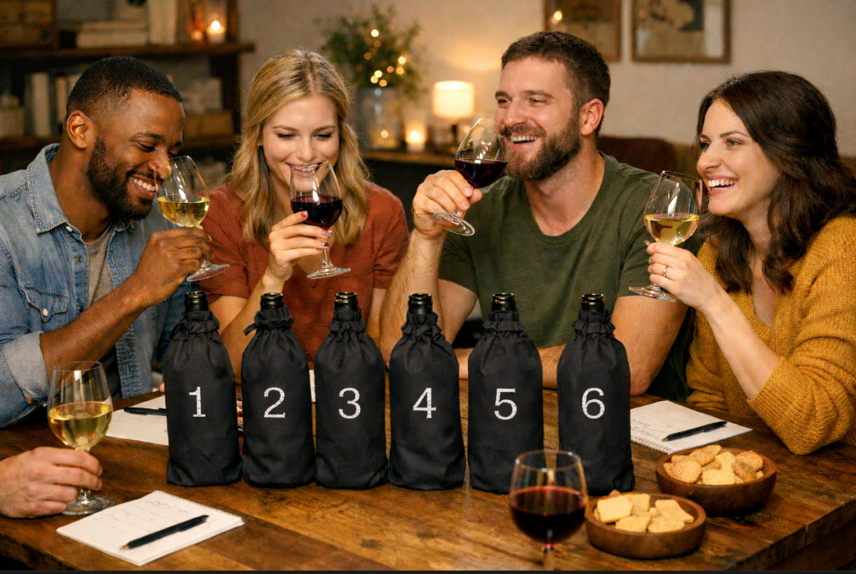 Friends enjoying a blind wine tasting party at home with covered wine bottles and glasses