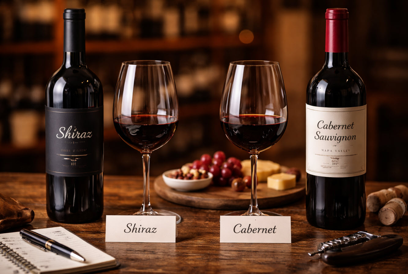 shiraz and cabernet wine bottles